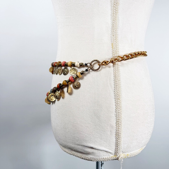 Boho Statement Layered Double Strand Waist Belt Coins Wood beads Hippie Gypsy OS main image 10